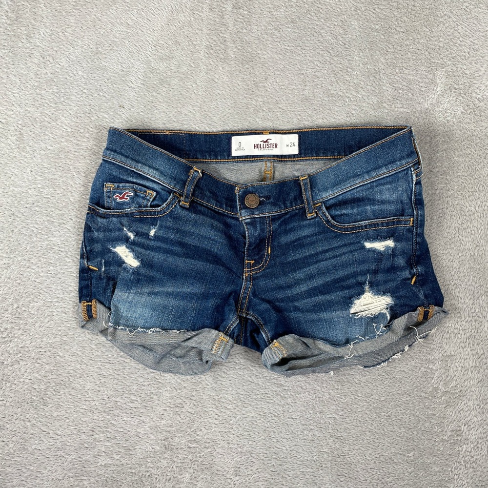 Hollister Denim Shorts Womens 0 Blue Distressed Low Rise Cuffed Stretch Y2K
